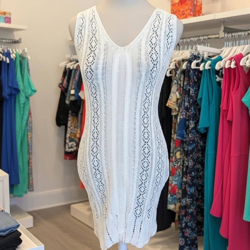 POPVIL White Knit Crochet Sleeveless Knee Length V-Neck Swim Cover Up